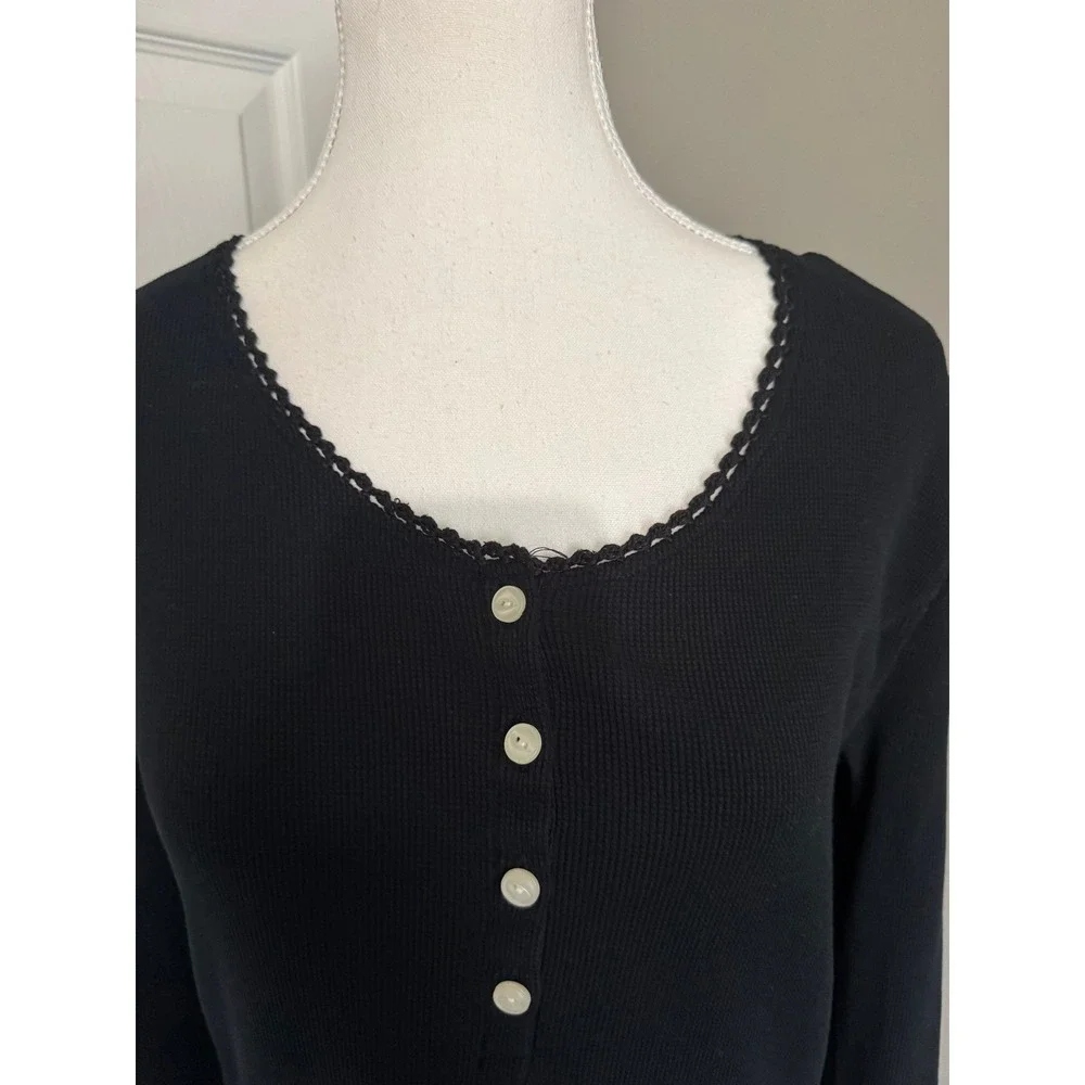 Lauren Ralph Lauren Black Waffle Knit Henley‎ Thermal Nightgown Pajamas XL